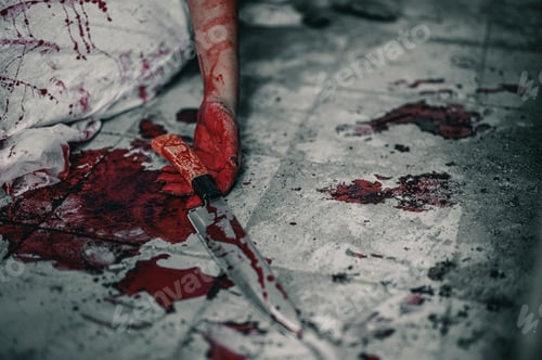 Preview: Girl zombie in the blood sitting hand holding knife smeared with blood with resentment torture