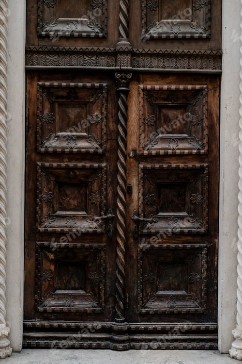 Preview: Carved wooden old brown door. Background
