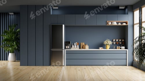 Preview: Modern style kitchen interior design with dark blue wall.
