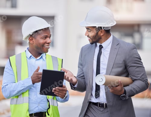 Preview: Architect, construction worker and men with tablet, contractor team and renovation, building trade