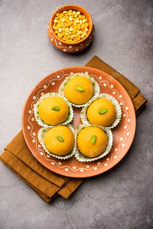Preview: Besan Peda,pedha, pera. Popular Indian mithai prepared using gram flour, Ghee, Sugar, Milk