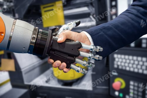 Preview: Hand of a businessman shaking hands with a Android robot.
