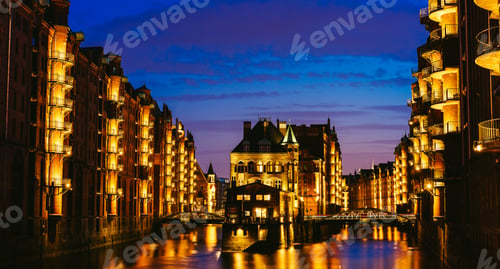 Preview: The Warehouse District - Speicherstadt in twilight. Tourism landmark of Hamburg. View of