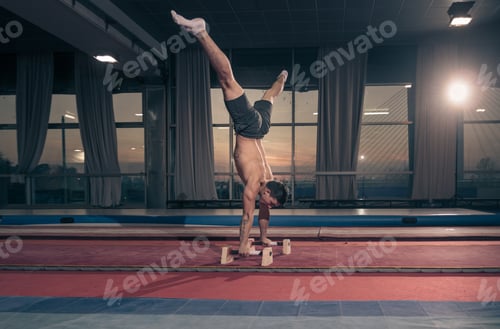 Preview: Young Man, Two Hand Cartwheel. Sunset, Dark Indoors Hall, Windows.