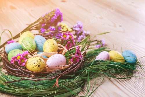 Preview: Happy Easter. Easter background. Bright colorful eggs in nest with spring flowers over wooden dark