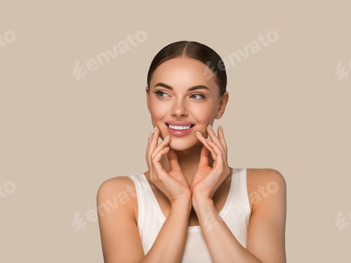 Preview: Smiling Woman with Hands Near Her Face