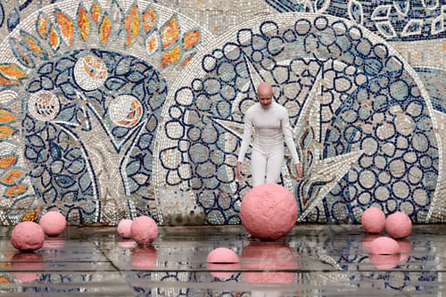 Preview: Young hairless girl with alopecia in white futuristic suit dancing outdoor and takes pink ball