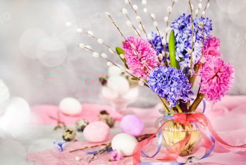 Preview: Pastel Easter Flowers and Eggs Springtime Still Life