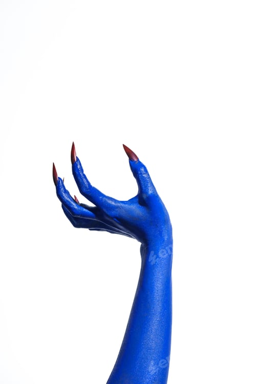 Preview: A witch's blue hand with sharp red nails white background.exudes demonic,monstrous vibe,blending