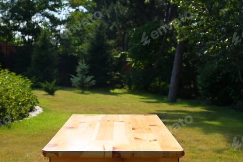 Preview: Empty wooden picnic table in green park, space for design