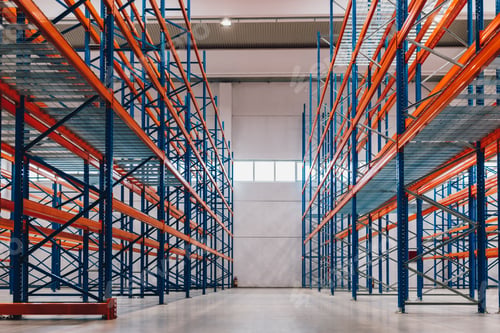 Preview: Interior of an Empty Industrial Storage Facility Featuring Metal Racks