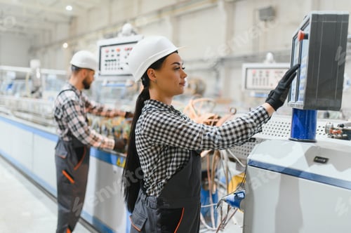 Preview: Female engineer operating machinery in modern factory