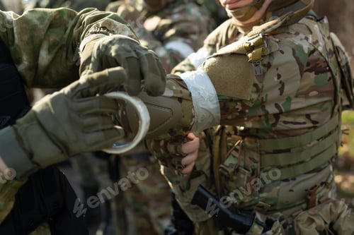 Preview: A group of soldiers in camouflage uniforms with white identification ribbons on their forearms.