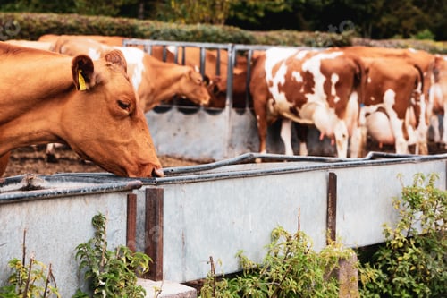 Preview: Herd of piebald red and white Guernsey cows on a pasture, eating from metal trough.