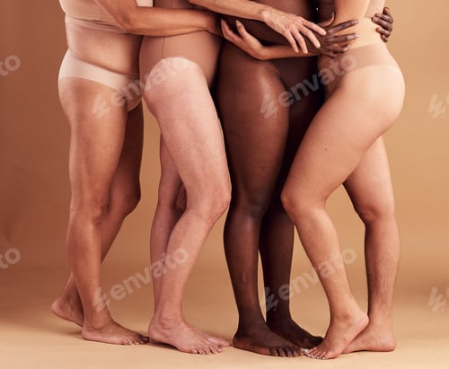 Preview: Diversity, legs and body positivity, women in underwear huddle together on studio background. Feet,
