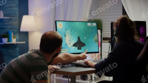 Preview: Nervous couple of cyber players screaming losing space shooter game