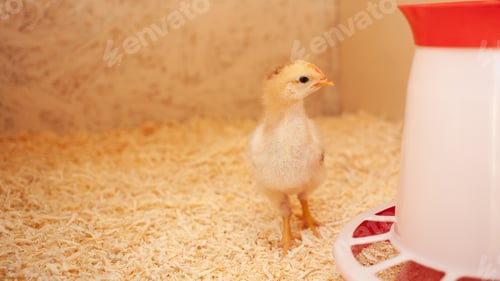 Preview: Small chick in wooden chicken coop, copy space, indoors. Beautiful newborn bird.