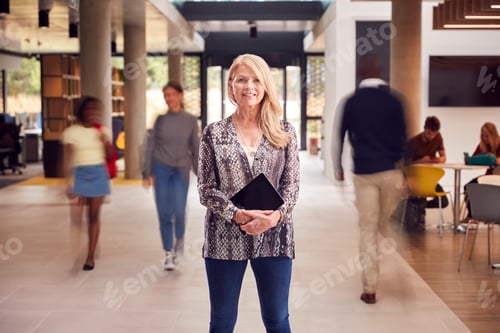 Preview: Portrait Of Smiling Mature Female Tutor In Busy University Or College Building With Students