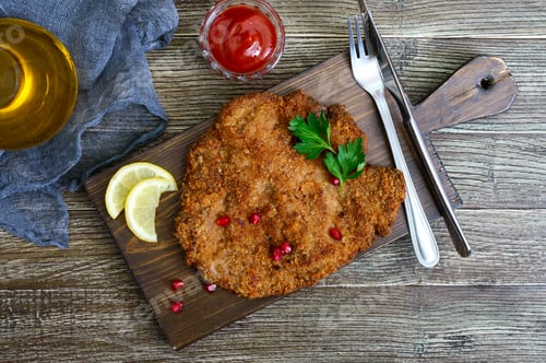 Preview: Large Viennese schnitzel on a wooden background. Meat dish. Top view, flat lay.