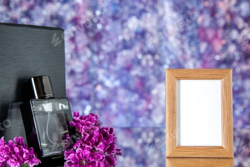 Preview: front view black expensive fragnance with picture frame on light background perfume holiday color