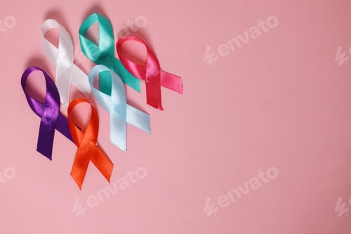 Preview: Different Colors Of Ribbon Over Pink Background