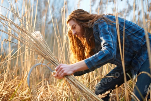 Preview: Man harvesting wheat with scythe