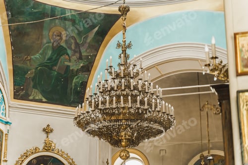 Preview: Large chandelier inside church. Orthodox interior. Prayer tools for life and faith