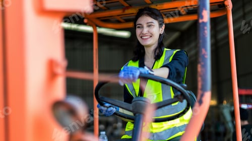 Preview: women worker at forklift driver happy working in industry factory logistic ship. Woman forklift driv