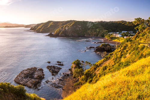 Preview: Bay of Islands coastline landscape seen from Tapeka Point, Russell, Northland Region, North Island,