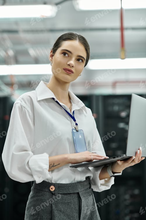 Preview: A skilled woman in a white shirt works intently in a high-tech server room managing network systems.