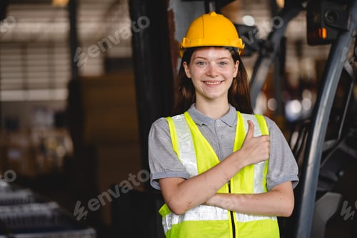 Preview: woman engineer inspection check control heavy machine robot arm construction installation