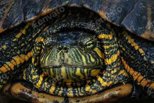 Preview: Black-bellied Slider Head (Trachemys dorbigni) - Water Turtle hiding in shell with retracted neck