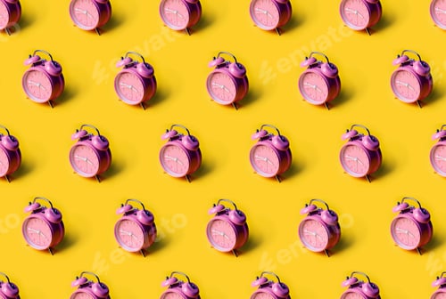 Preview: Creative layout of pink alarm clock's on pastel yellow background. Minimal concept.