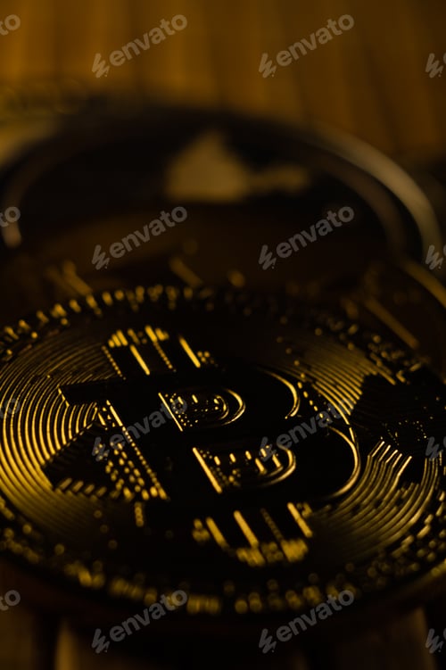 Preview: High angle shot of golden coins with bitcoin symbol on a wooden surface