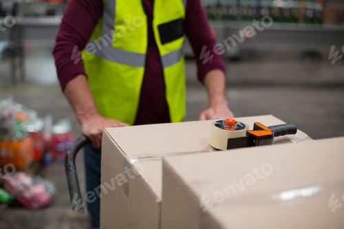 Preview: Factory worker pulling trolley of cardboard boxes