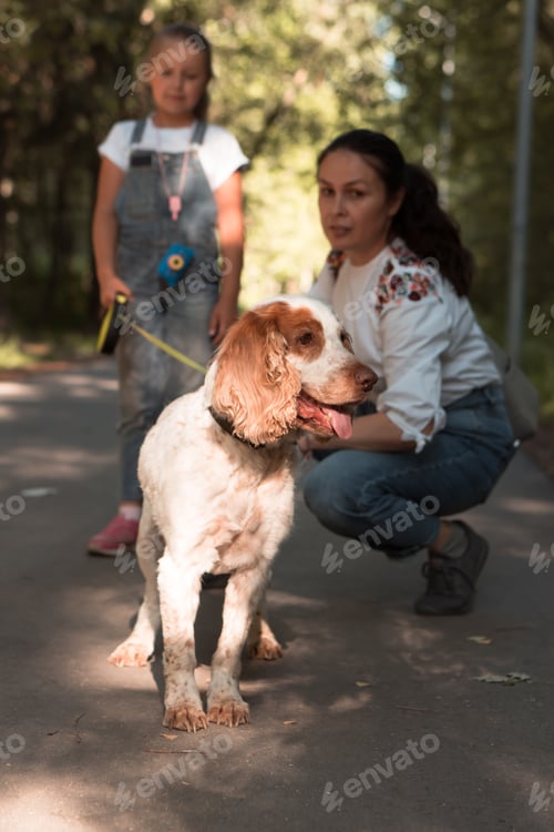 Preview: Family walking with dog in city park