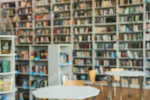 Preview: Blurred view of bookshelves and tables in library
