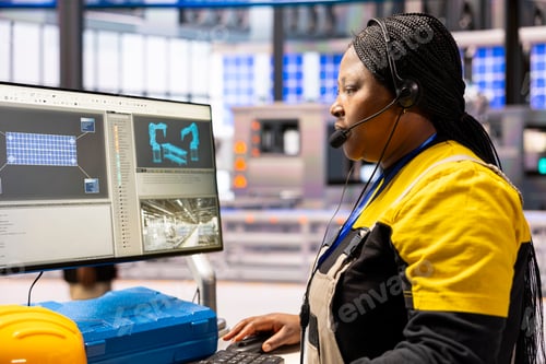 Preview: Professional technician manufacturing solar panels in automated factory