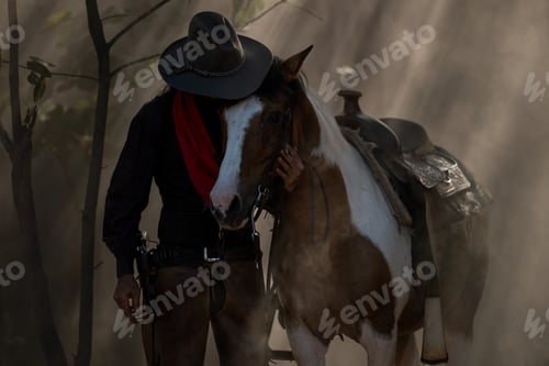 Preview: A cowboy leading his saddled horse through a dusty forest as sun rays stream through the trees