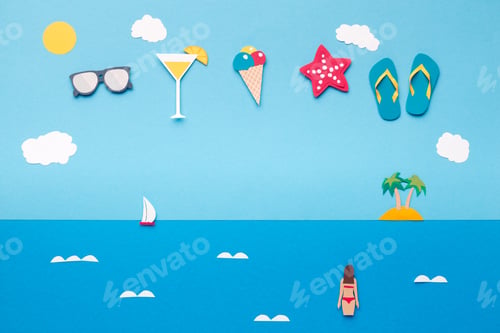 Preview: Summer concept wallpaper with beach accessories in the sky