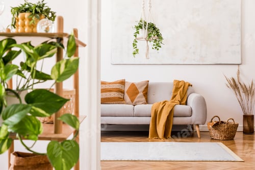 Preview: Stylish composition of creative spacious apartment interior with grey sofa.
