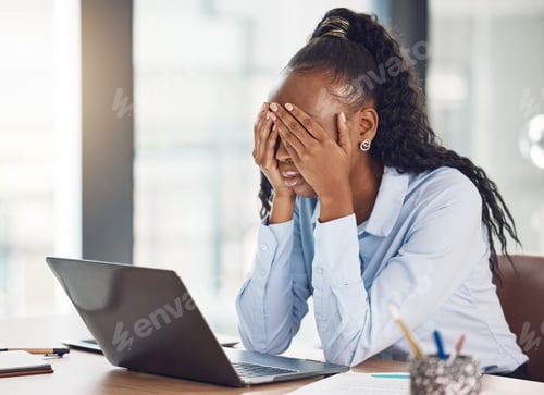 Preview: Stress, sad and burnout business woman in office with laptop from depression, mental health or anxi