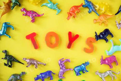 Preview: Various animal toy figures background with the word toys