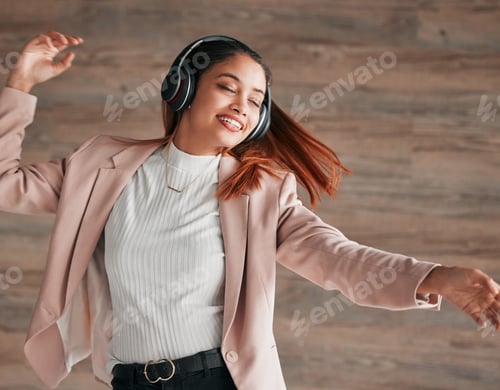 Preview: Dancing, excited and woman streaming to music with happiness or listening to audio online using hea