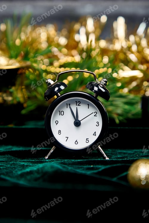 Preview: Christmas gift box, alarm clock and fir tree branch on table.
