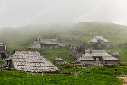 Preview: Velika Planina or Great plateau, Slovenia highlands with architecture of wooden huts and barns