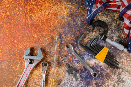 Preview: USA flag and construction tools happy Labor day copy space for text on background.