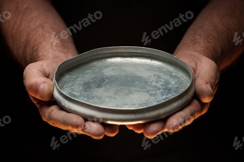Preview: Male hands holding empty plate on dark background, lack of food, hunger concept.