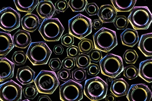 Preview: close up view of scattered diverse metal nuts isolated on black