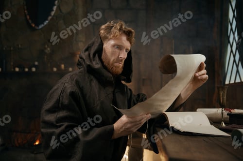 Preview: Medieval monk wearing robe with hood reading sacred manuscript on parchment